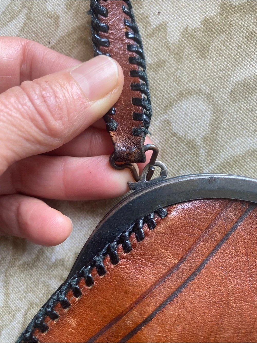 Arts & Crafts Brown Leather Handbag w/ Whipstitch Stitching  & Turnloc Clasp